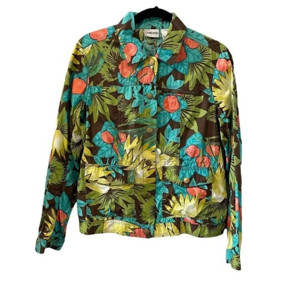 Chicos Tropical Floral Print Denim Jacket Women Size 0 Chicos - XS  Button Front